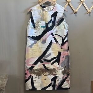 NWT Ming Wang Metallic Foil Multi-Color Abstract Print Sheath Dress M RN#73924